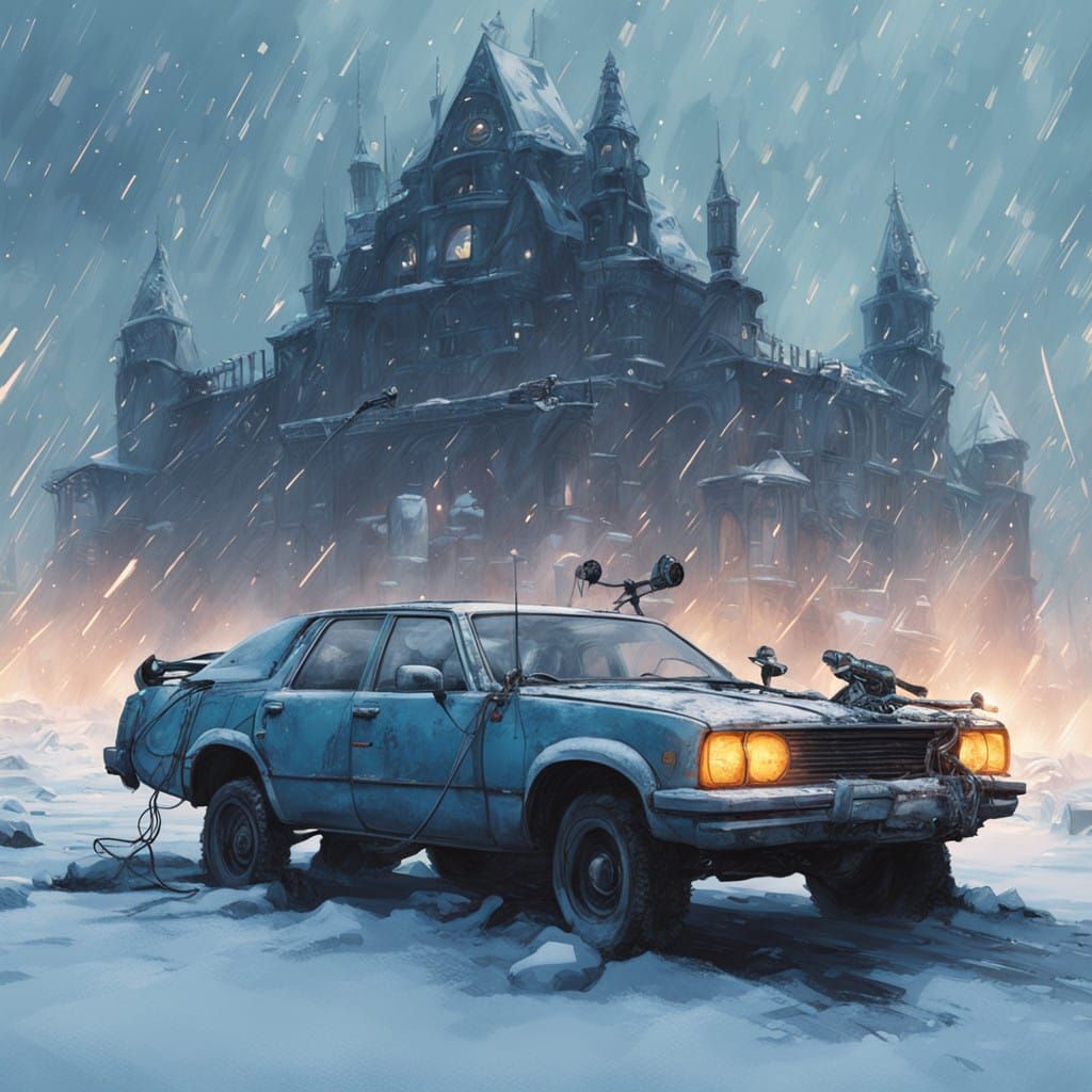 Futuristic Frost Punk Car in Cyberpunk Ruins