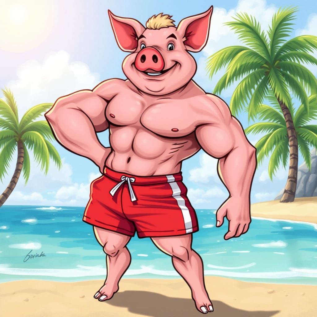 Charming Pig in Bright Red Swim Trunks Poses on Sun-Kissed B...