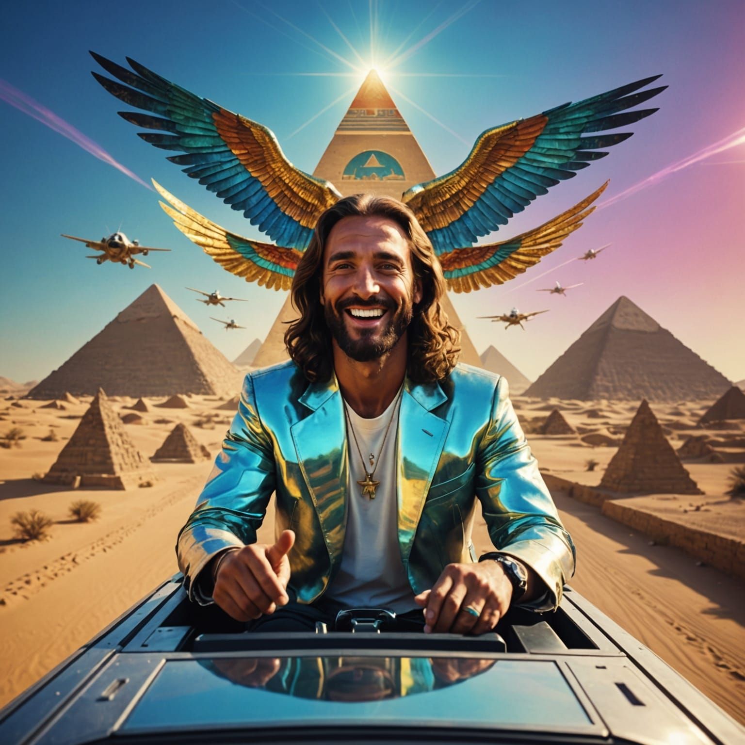 Trippy holographic Smiling gangster Jesus flying in spaceship in Egyptian landscape with pyramides 
Cinematic film still...