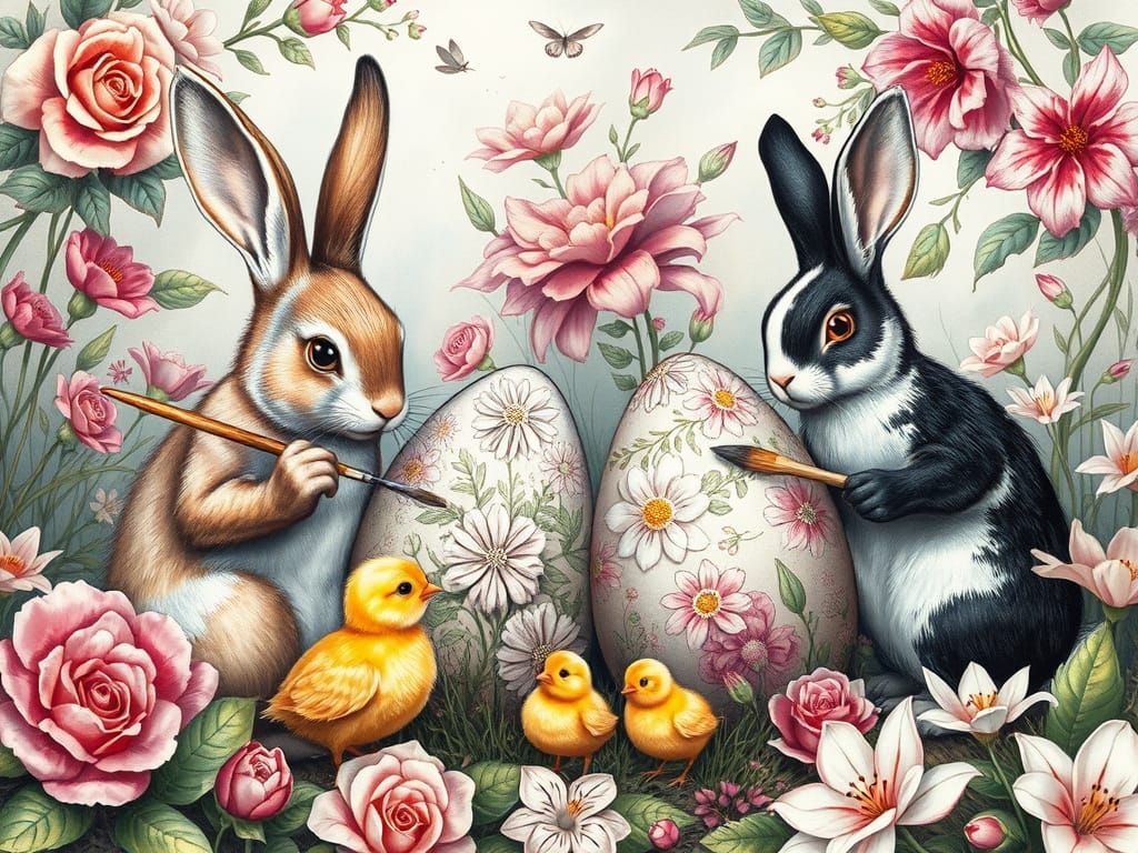 Whimsical Easter: Bunnies Painting Eggs in Charcoal Style
