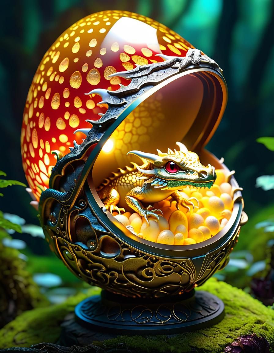 Golden Dragon Egg in Glowing Mushroom, Fantasy Art