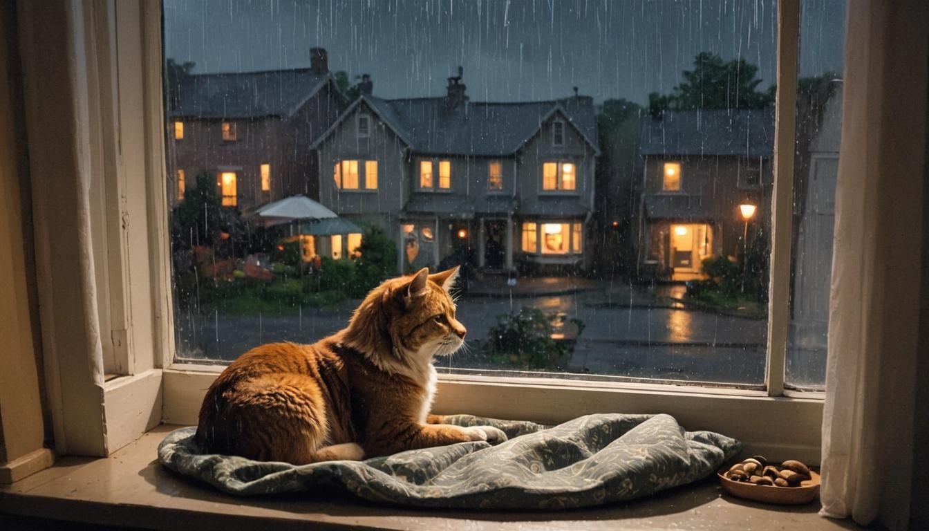 Cozy Rainy Night Scene with Pet