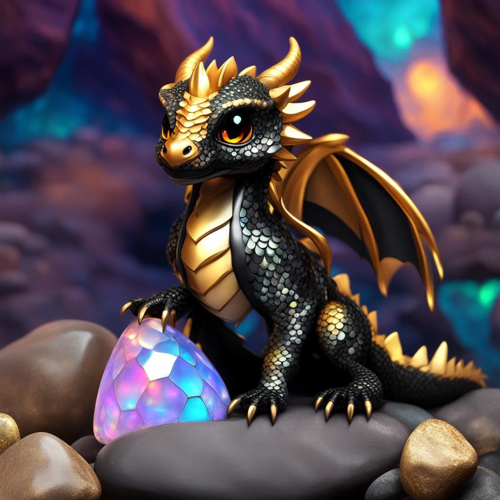 Chibi Dragon with Harlequin Opal Gemstone