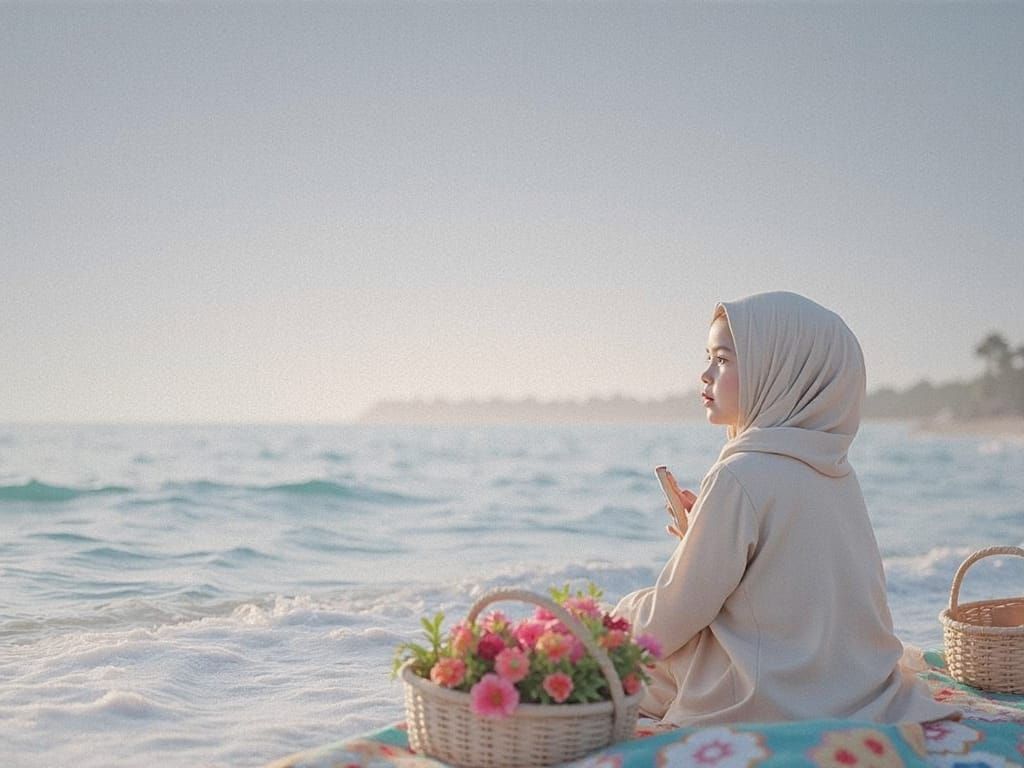 Seaside Picnic: Young Muslim Girl in Sunlight