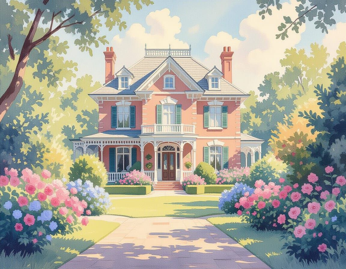 Victorian Mansion in Pastel Watercolor Style