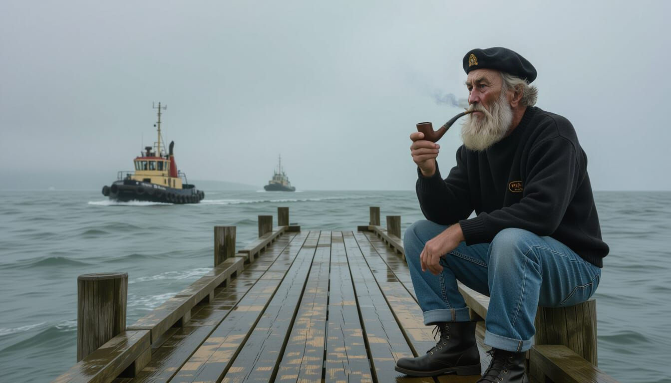 Old Sailor Gazing at Sea on Pier - Cinematic Film Still