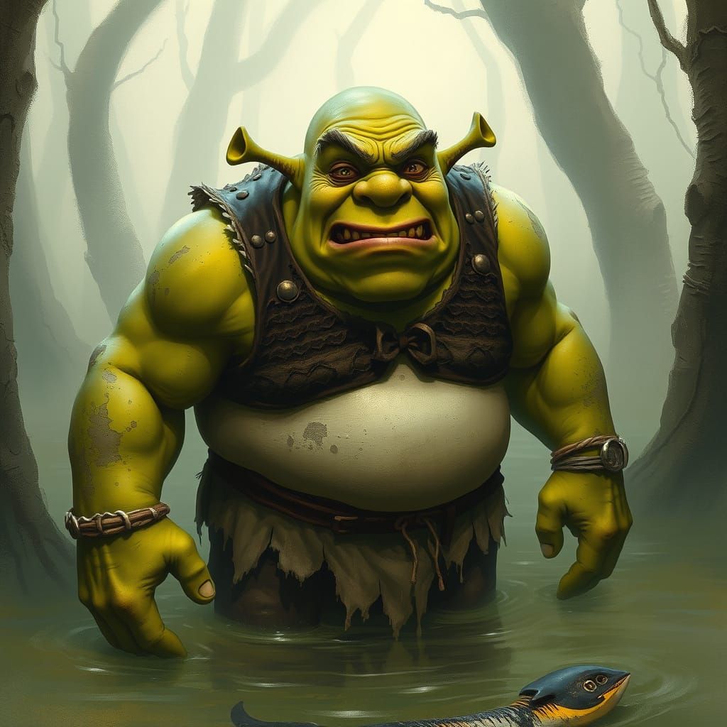 Ugly Shrek in Murky Swamp, Gritty Art Style