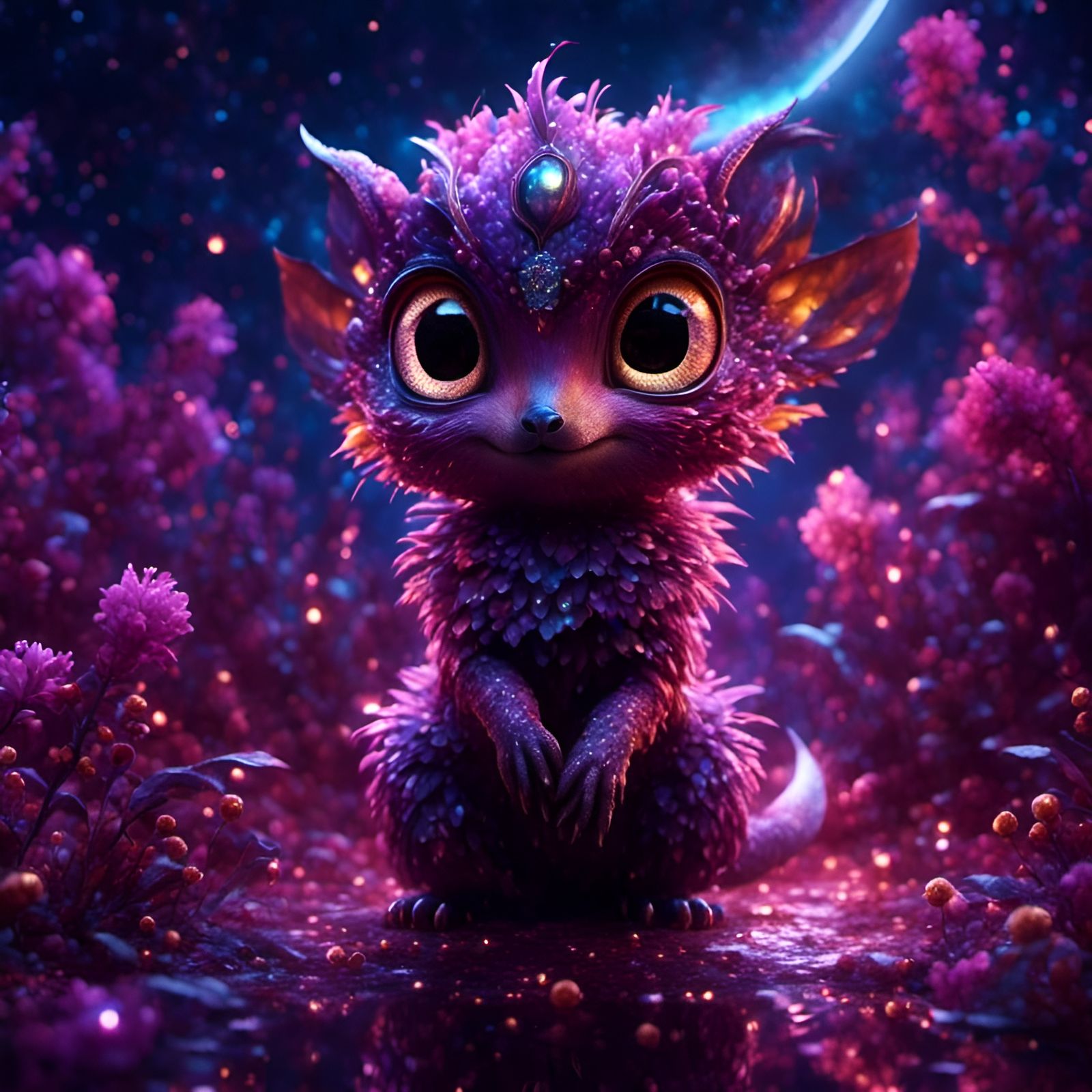 Adorable Creature with Reflective Eyes on Cosmic Night
