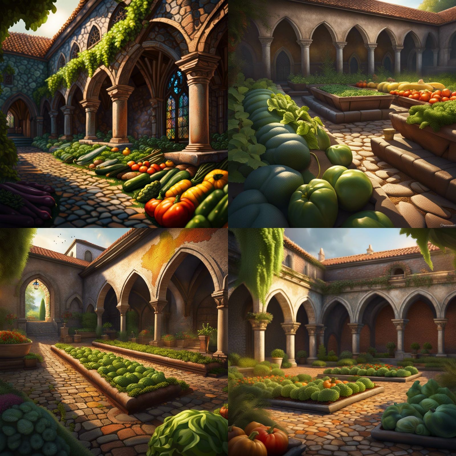 Hyperrealistic Monastery Cloister and Vegetable Garden