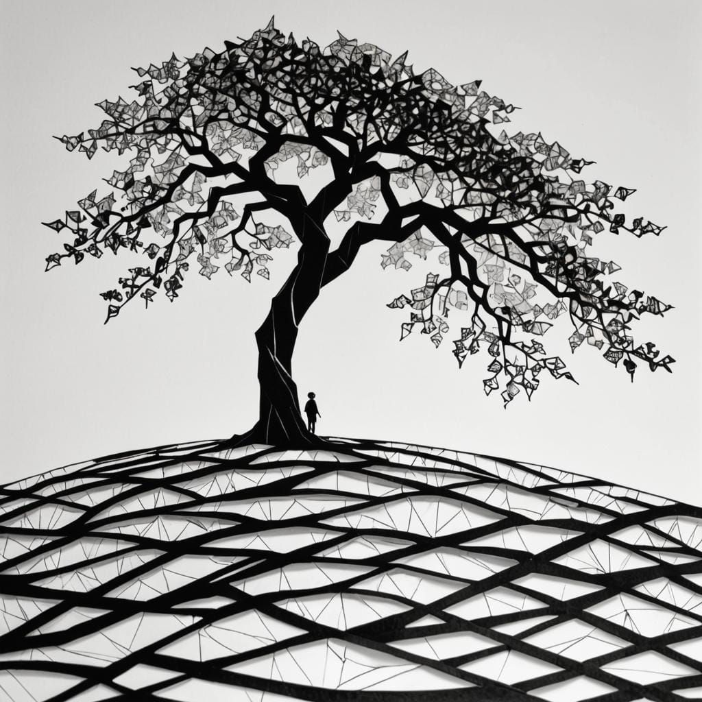 Abstract Tree With Figure: Pen and Ink Rendering