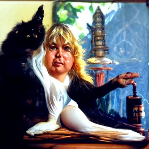 Woman Singing Surrounded by Cats in Oil Painting