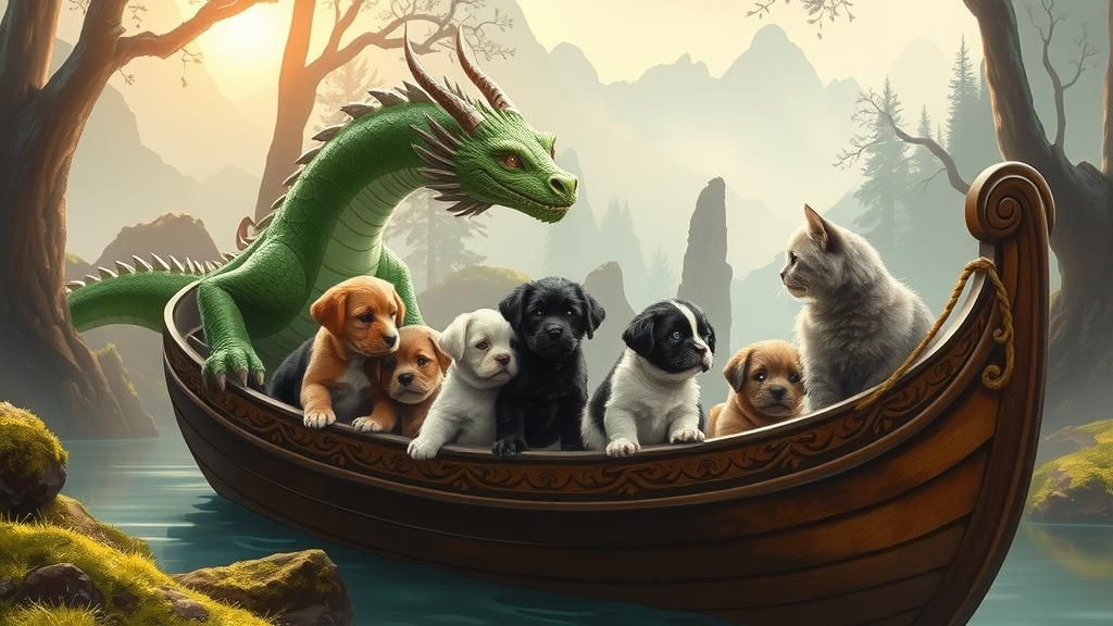 Dragon and Puppies in Enchanted Forest Scene
