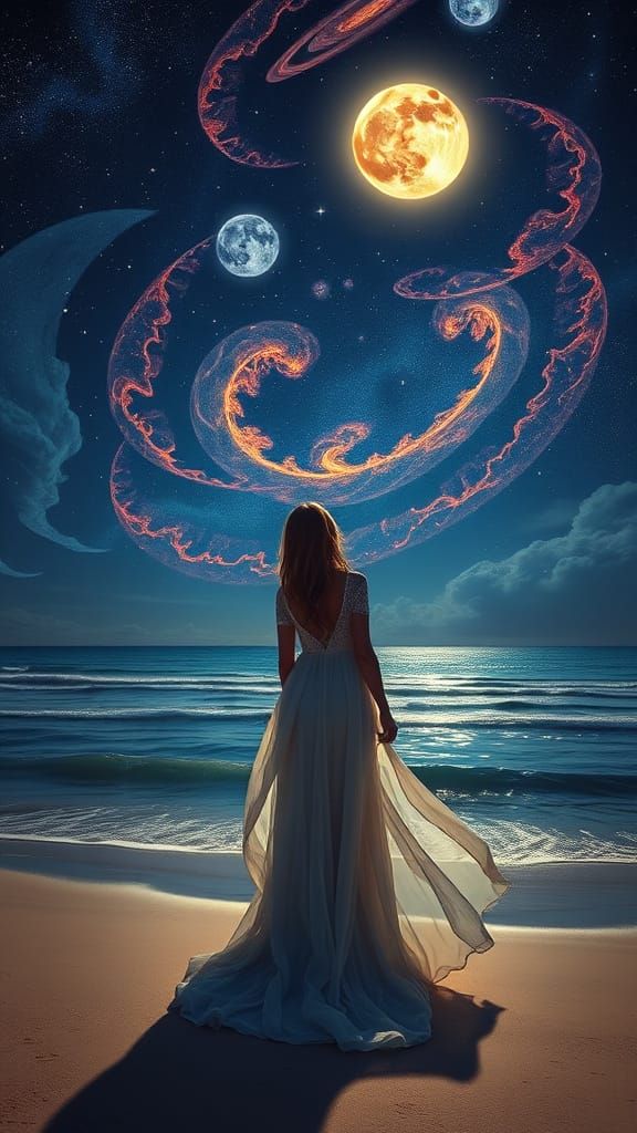 Serene Woman Amidst Starry Night Sky and Vibrant Solar Syste...