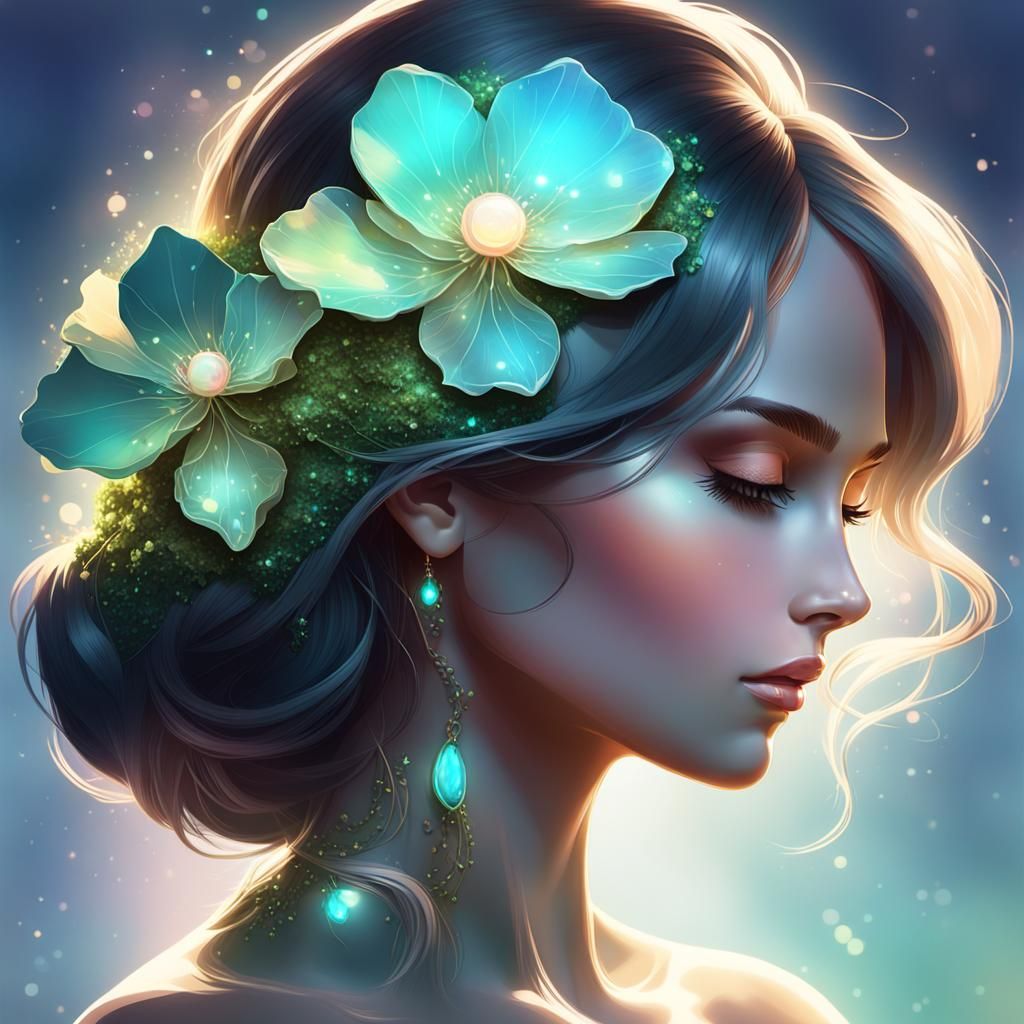 Opal Silhouette Portrait with Moss Flower Background