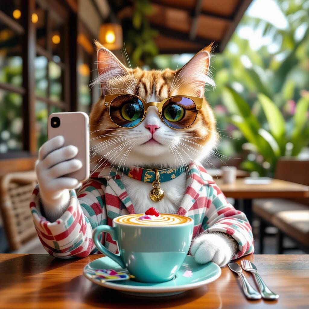 Trendy Cat Selfie in Bamboo Cafe: 3D Abstract Art