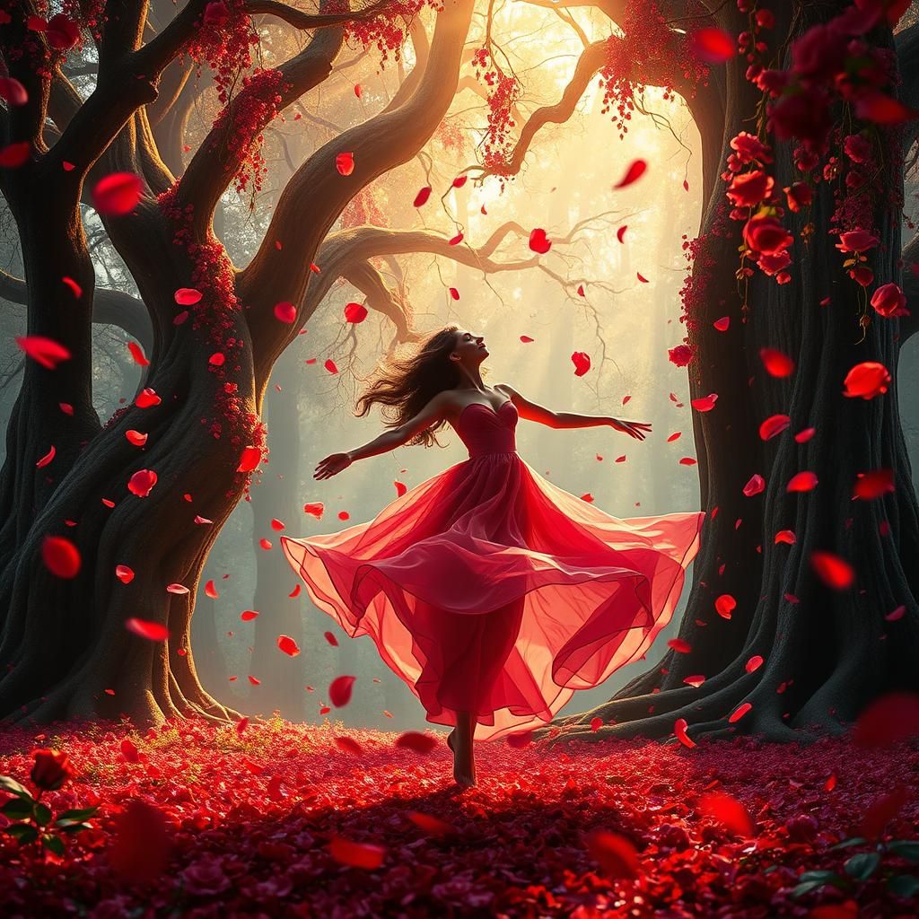 Magical Rose Petal Rain in Mystical Forest