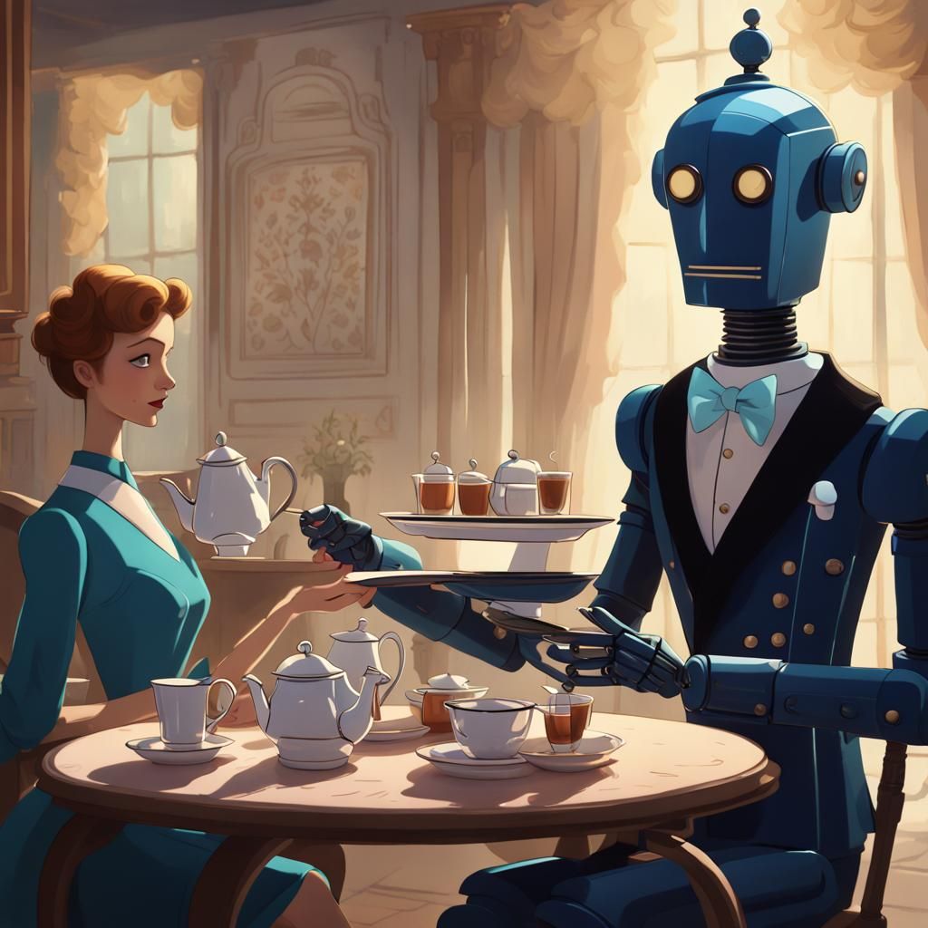 Robot Butler Serves Tea: Matte Painting Style