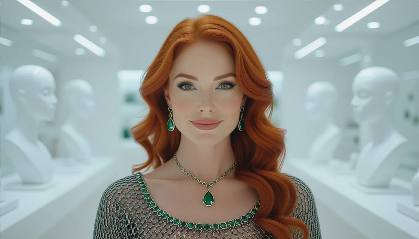 Redhead with Green Gemstones in Jewelry Store