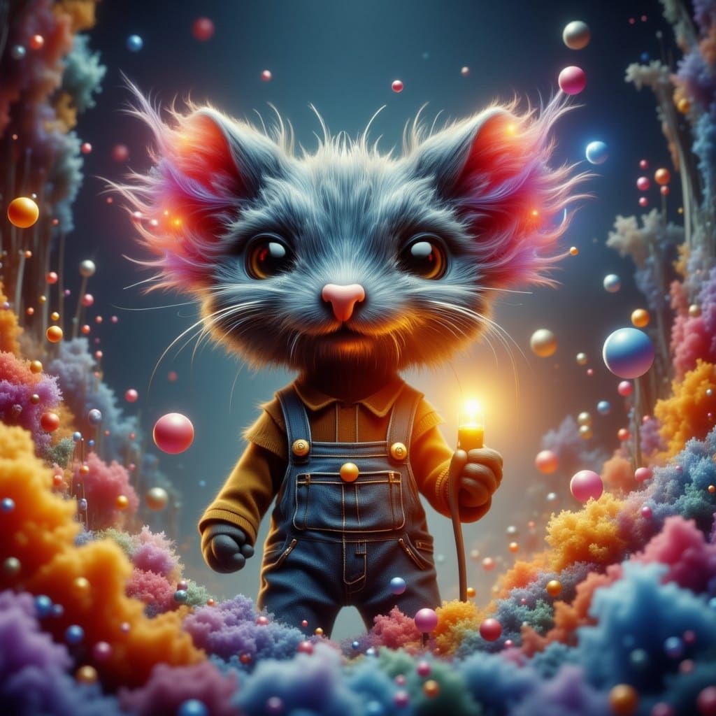 Whimsical Chibi Creature Amidst Bismuth Fractals