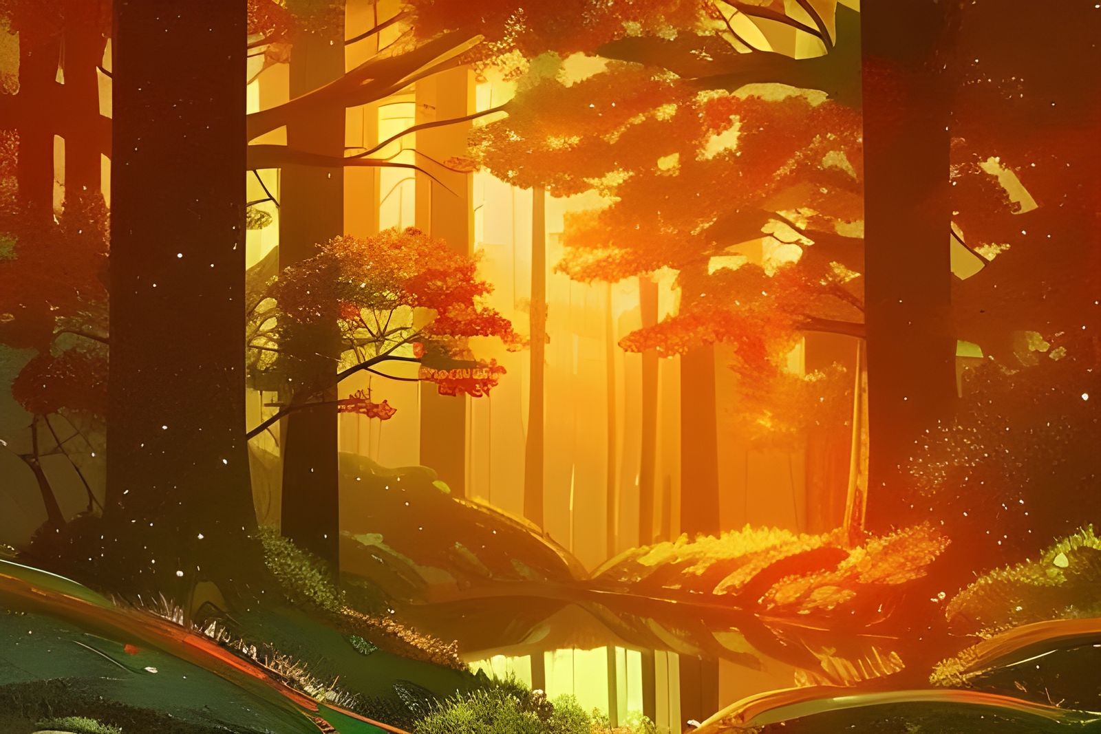 Beautiful Autumn Forest River in Anime Style