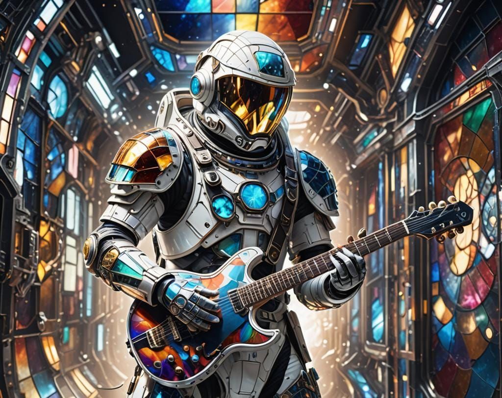 Biomechanical Astronaut Plays Guitar in Stained Glass Armor