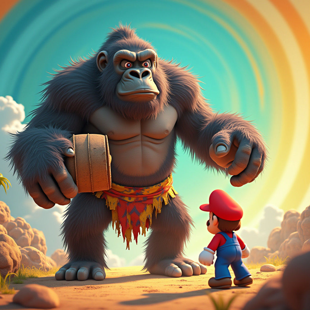 Donkey Kong Throws Barrel at Mario: 3D Digital Art