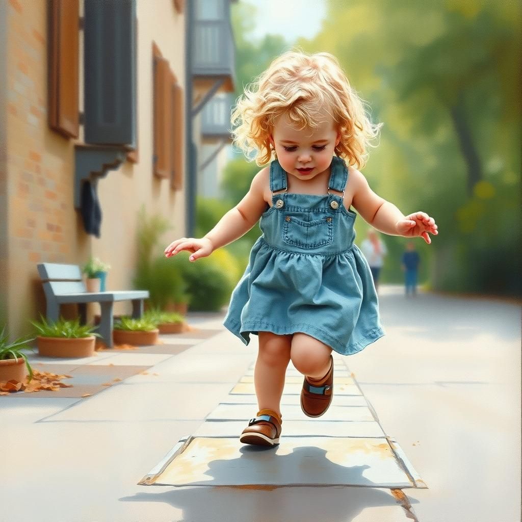 Child Playing Hopscotch in Watercolor Style