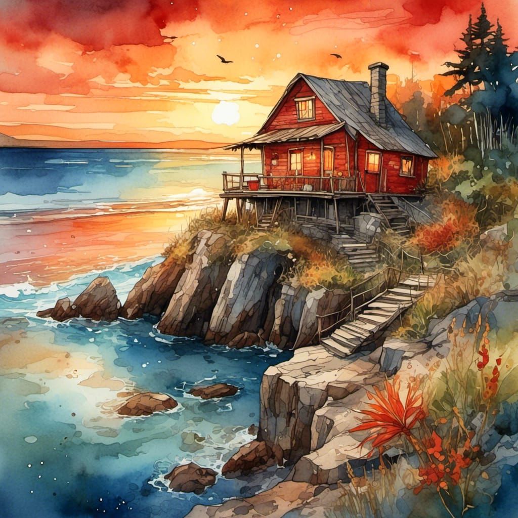 Beach Hut at Sunrise: Fantasy Digital Art