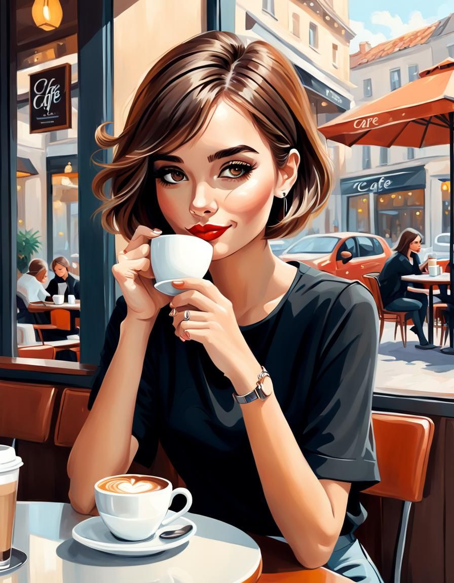 Cartoon Painting: Young Woman in Modern Cafe