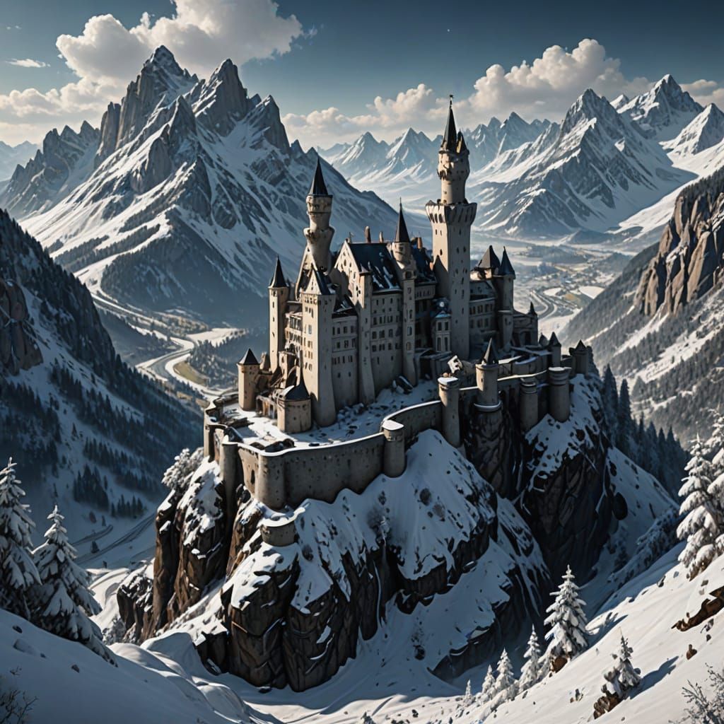 Imposing Medieval Fortress in Snowy Bavarian Alps