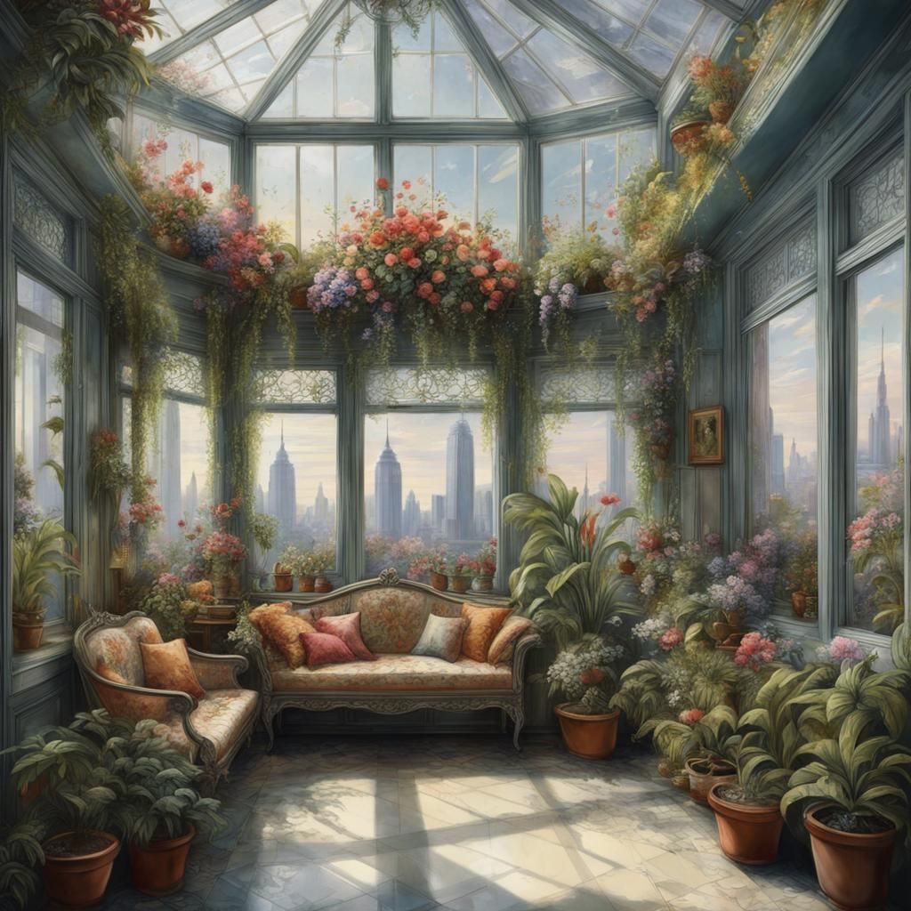 Elegant Sunroom with Flowers in Gouache Watercolor