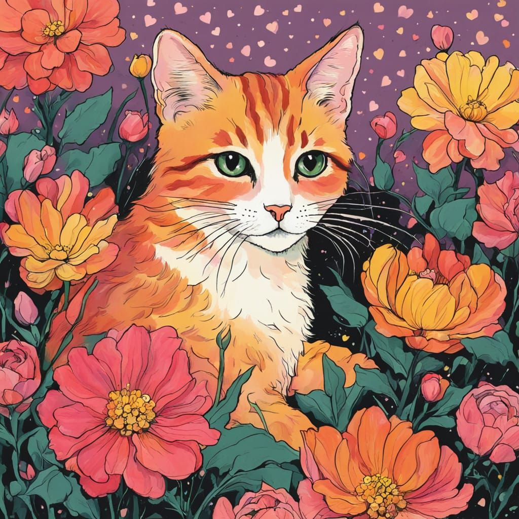 Whimsical Cartoon Cat Surrounded by Flowers and Heart Lights