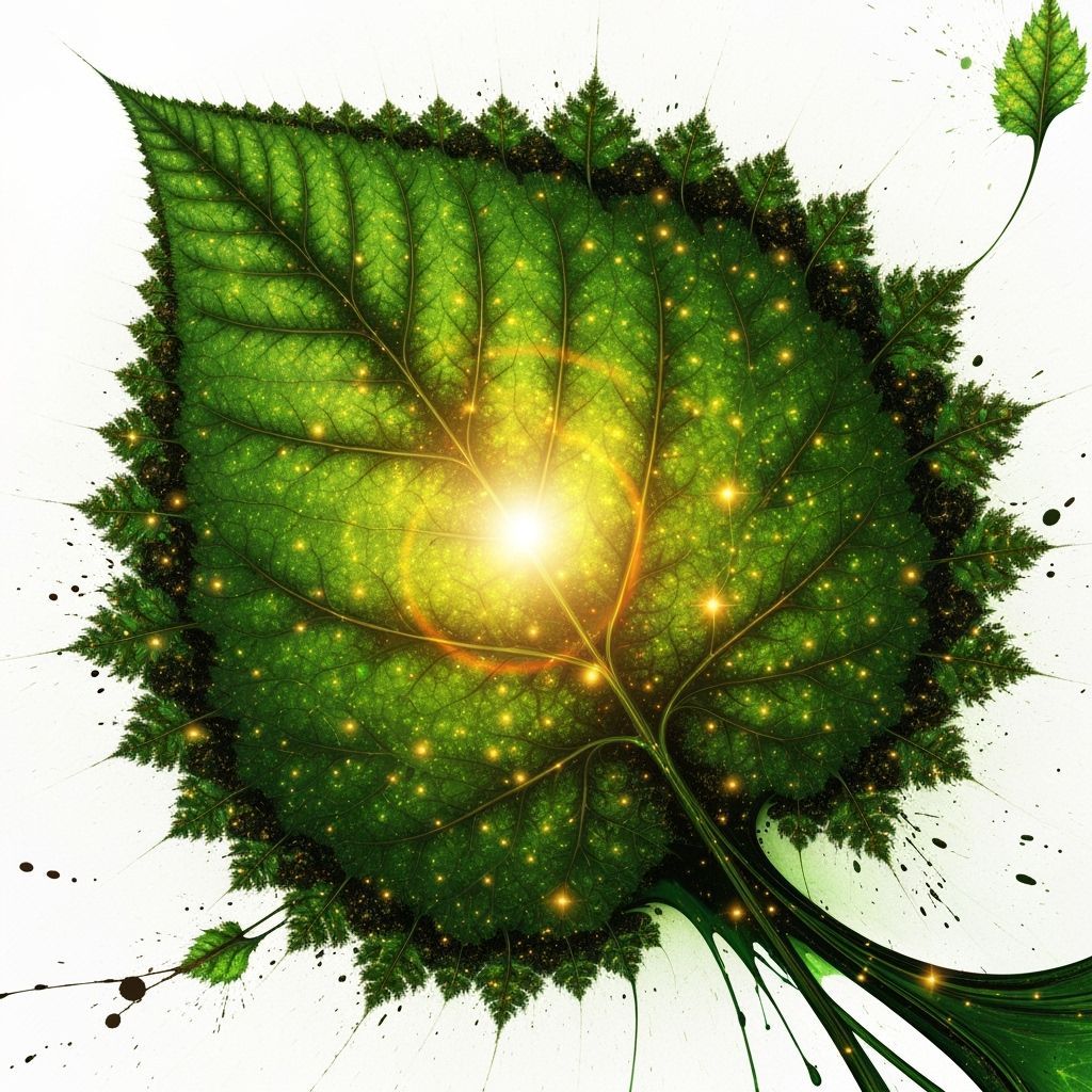 Majestic Fractal Leaf with Gold Sparks and Sunlight