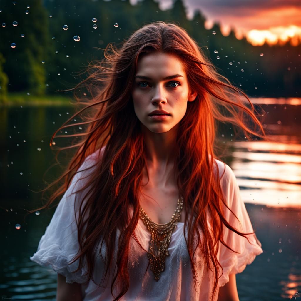 Ethereal Sorceress in Rain at Sunset: Hyperrealistic Portrai...