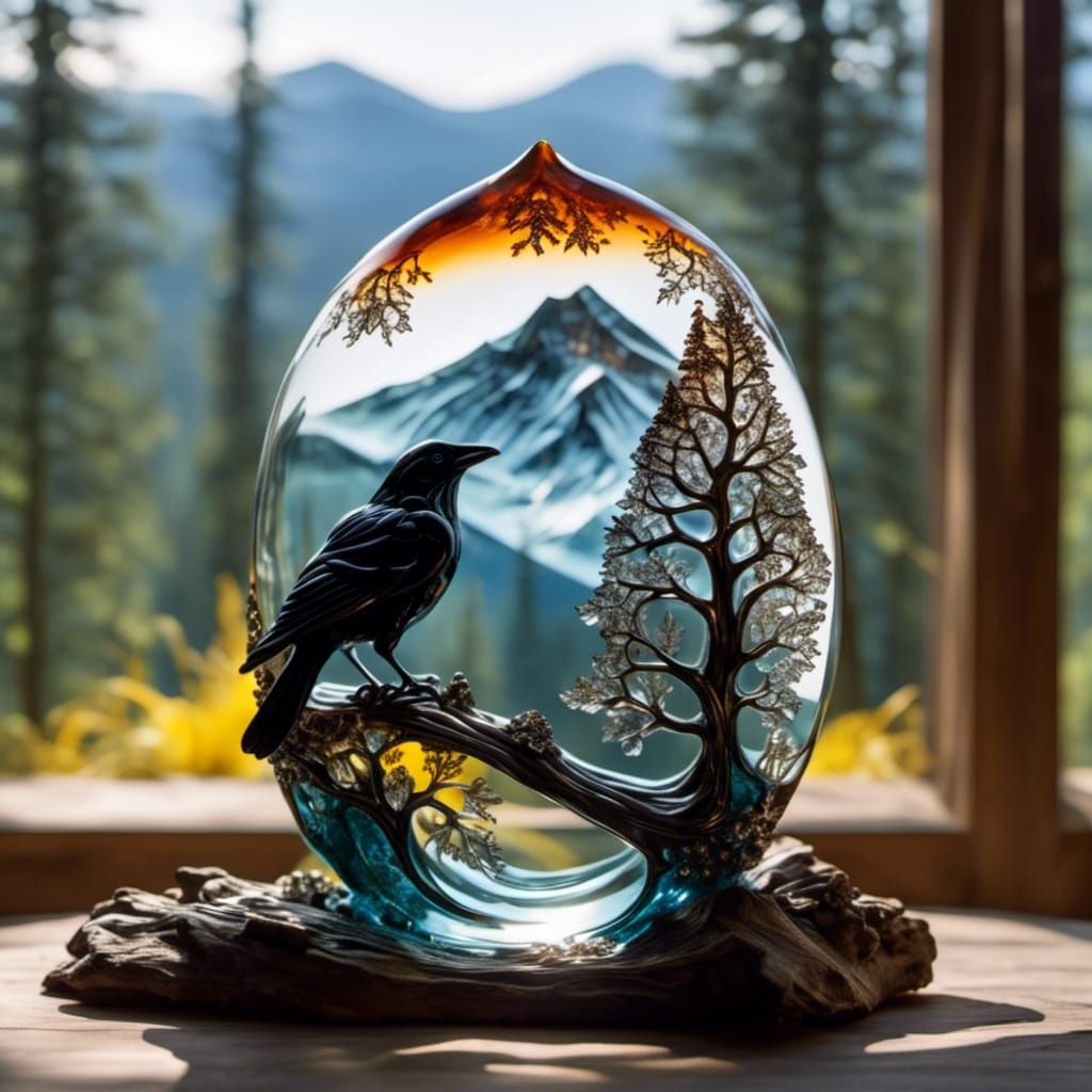 Glass Raven with Mountain Nature Inside
