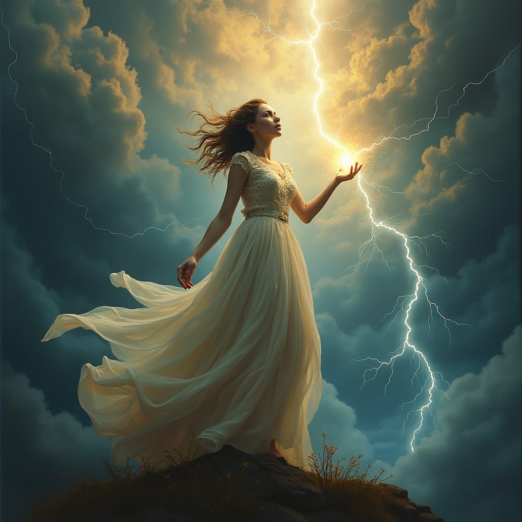 Mystical Woman Harnessing Lightning's Power