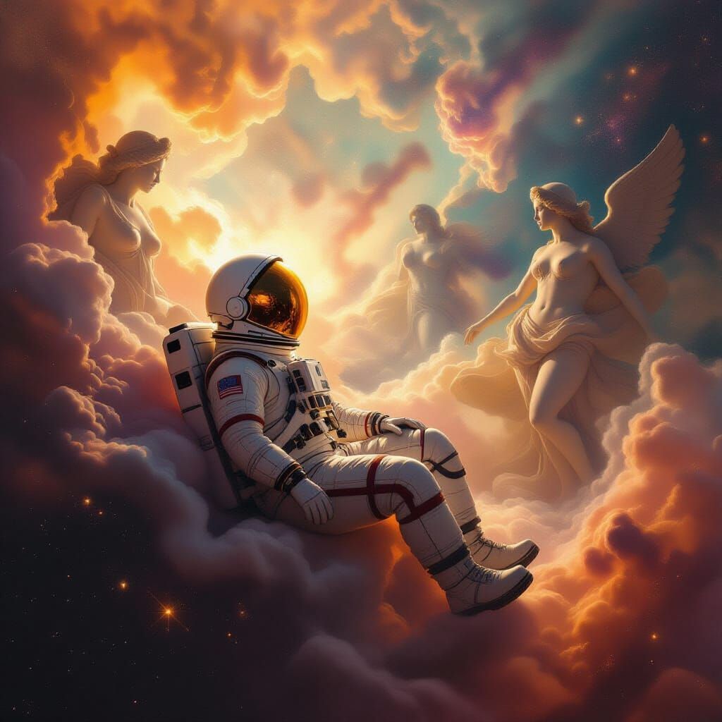 Astronaut Adrift in Nebula with Mythological Figures