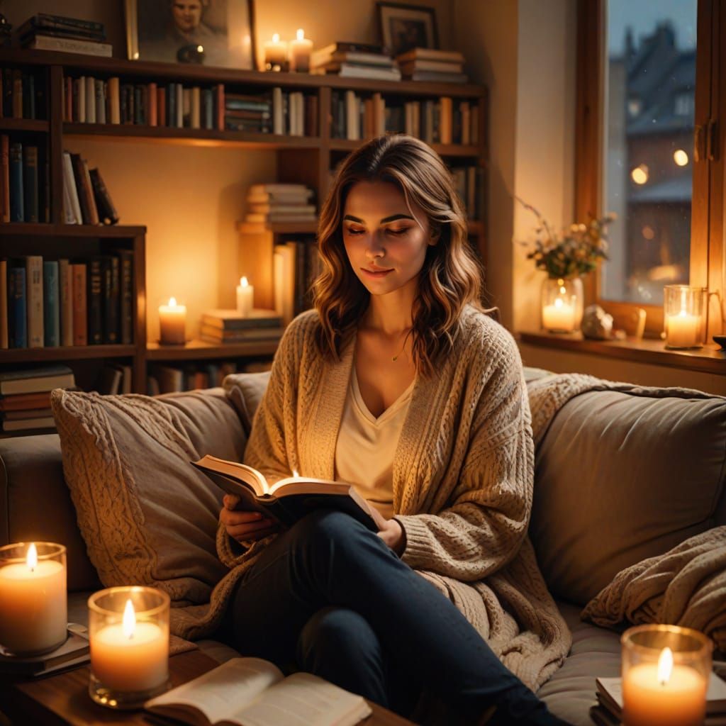 Cozy Lounge Scene with Woman Reading by Candlelight