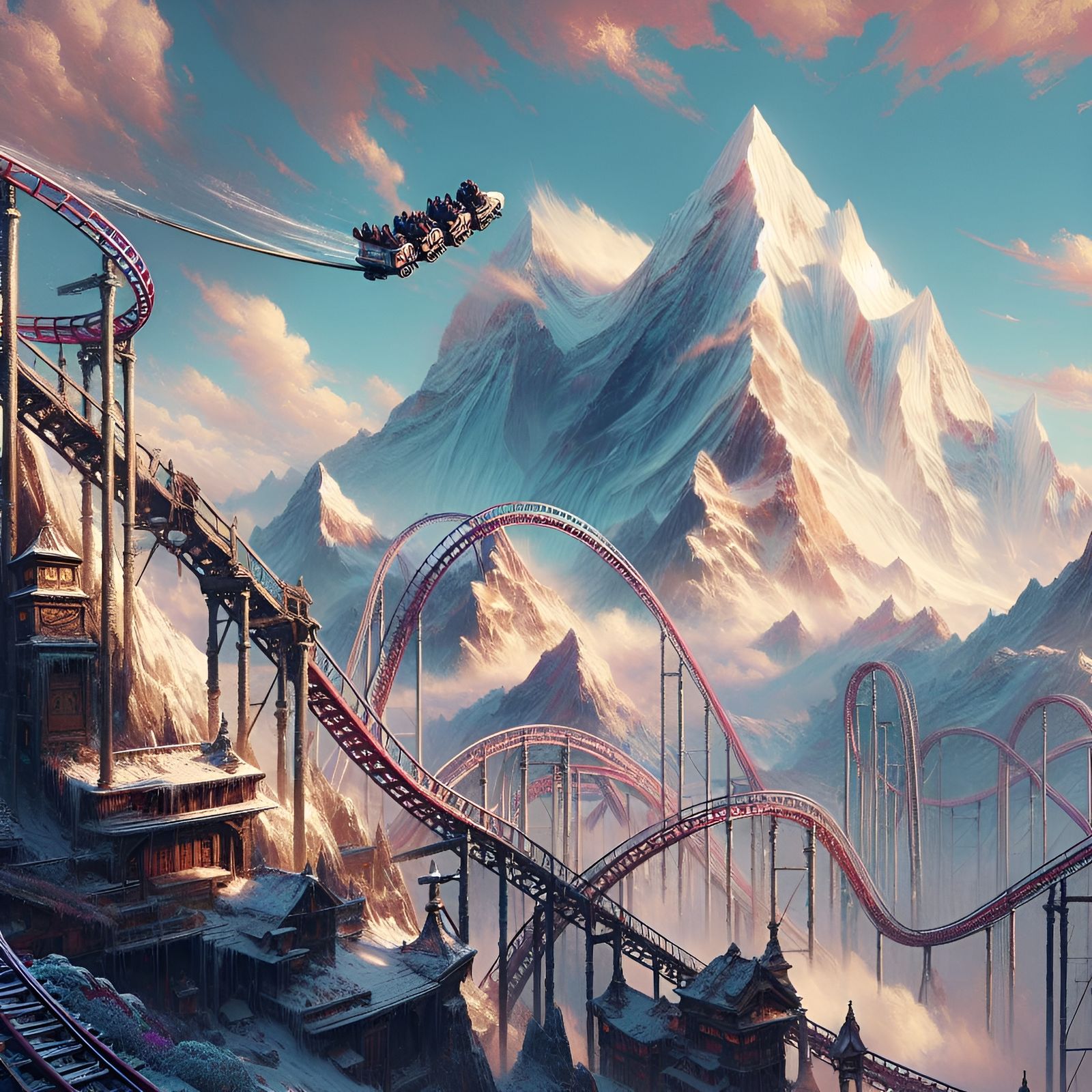 Rollercoaster Reaching Mount Everest Peak: Fantasy Concept A...