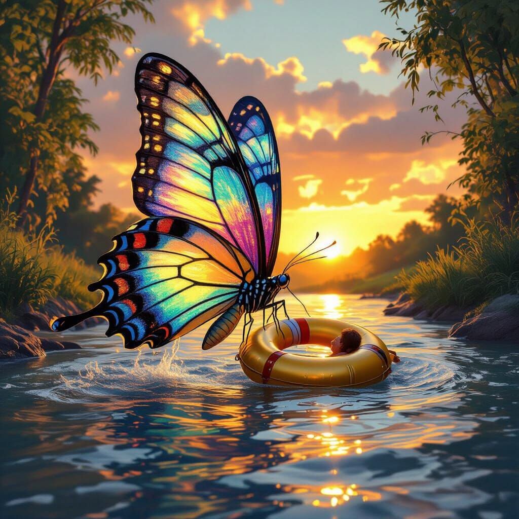 Giant Butterfly Rescues Person in Sunset River Scene