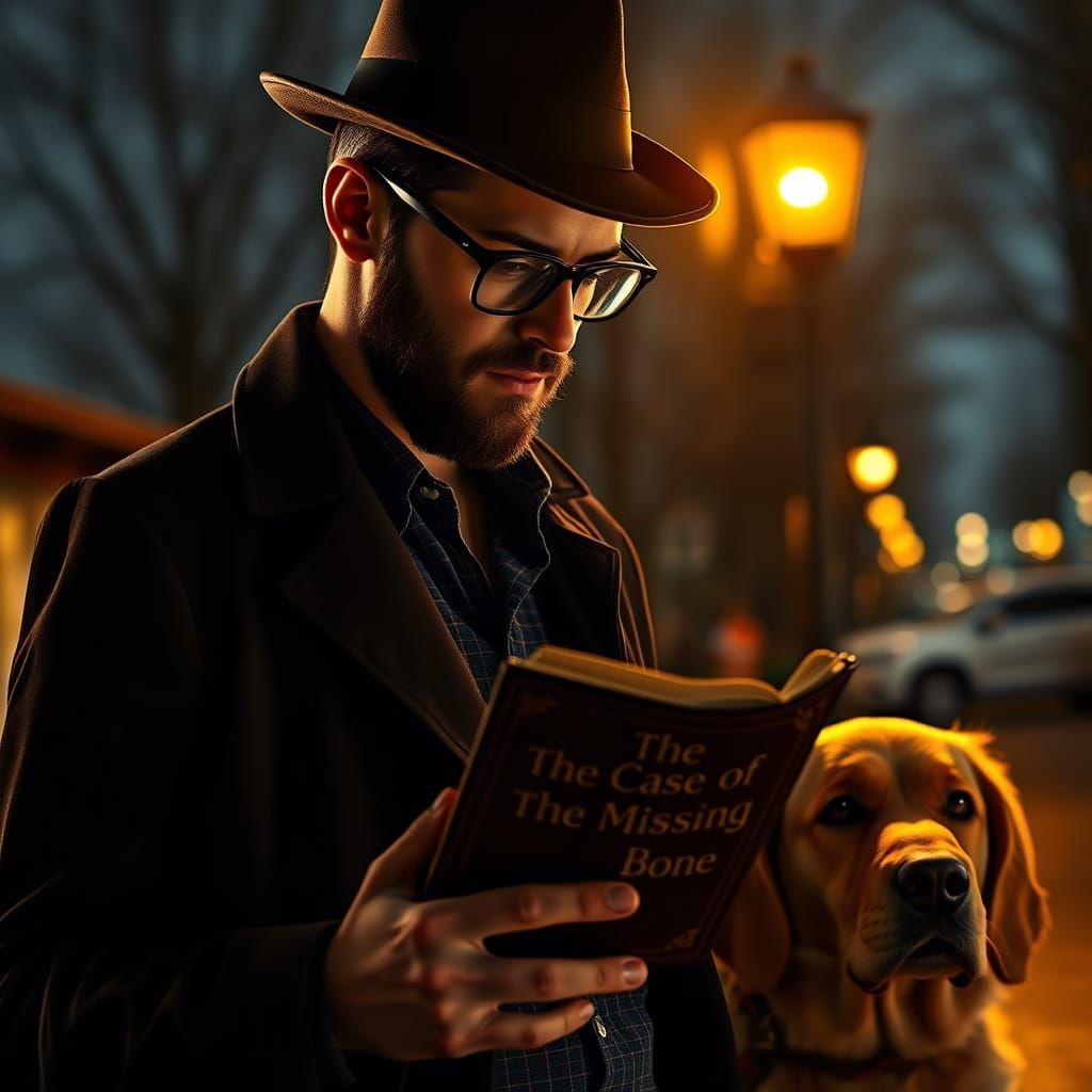 Film Noir Man Walks Dog in Rainy City