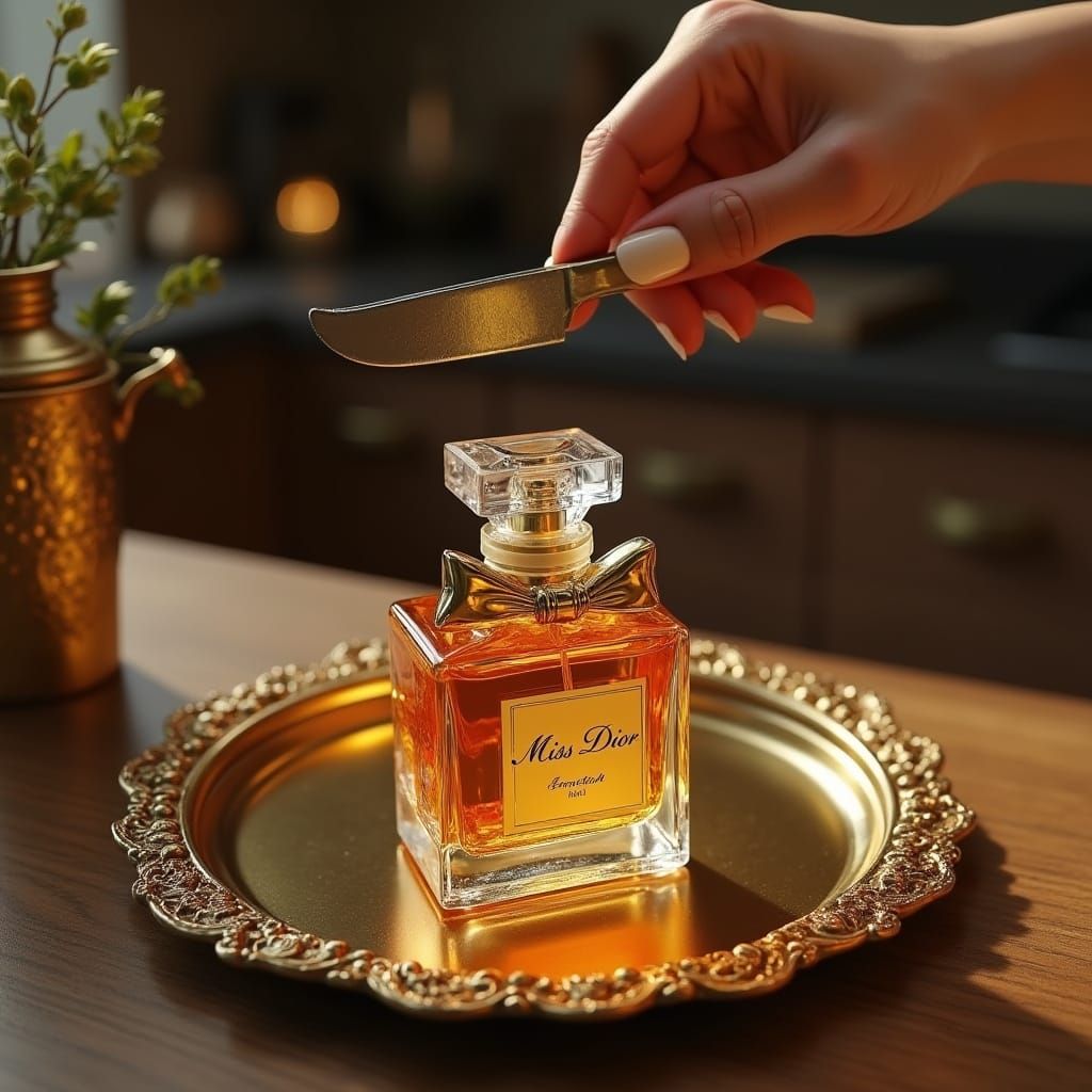 Jelly Miss Dior Bottle on Gold Tray: 3D Render