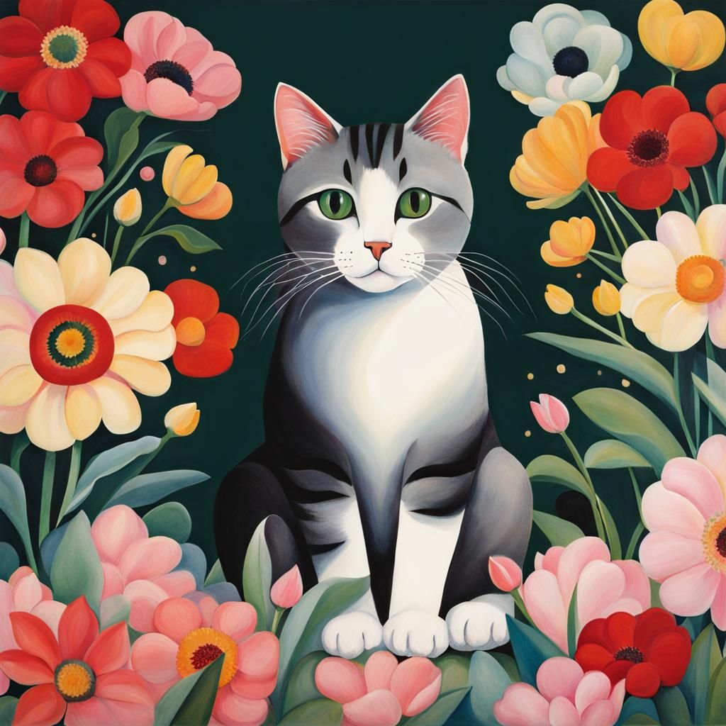 Cat Surrounded by Flowers in Modernist Style