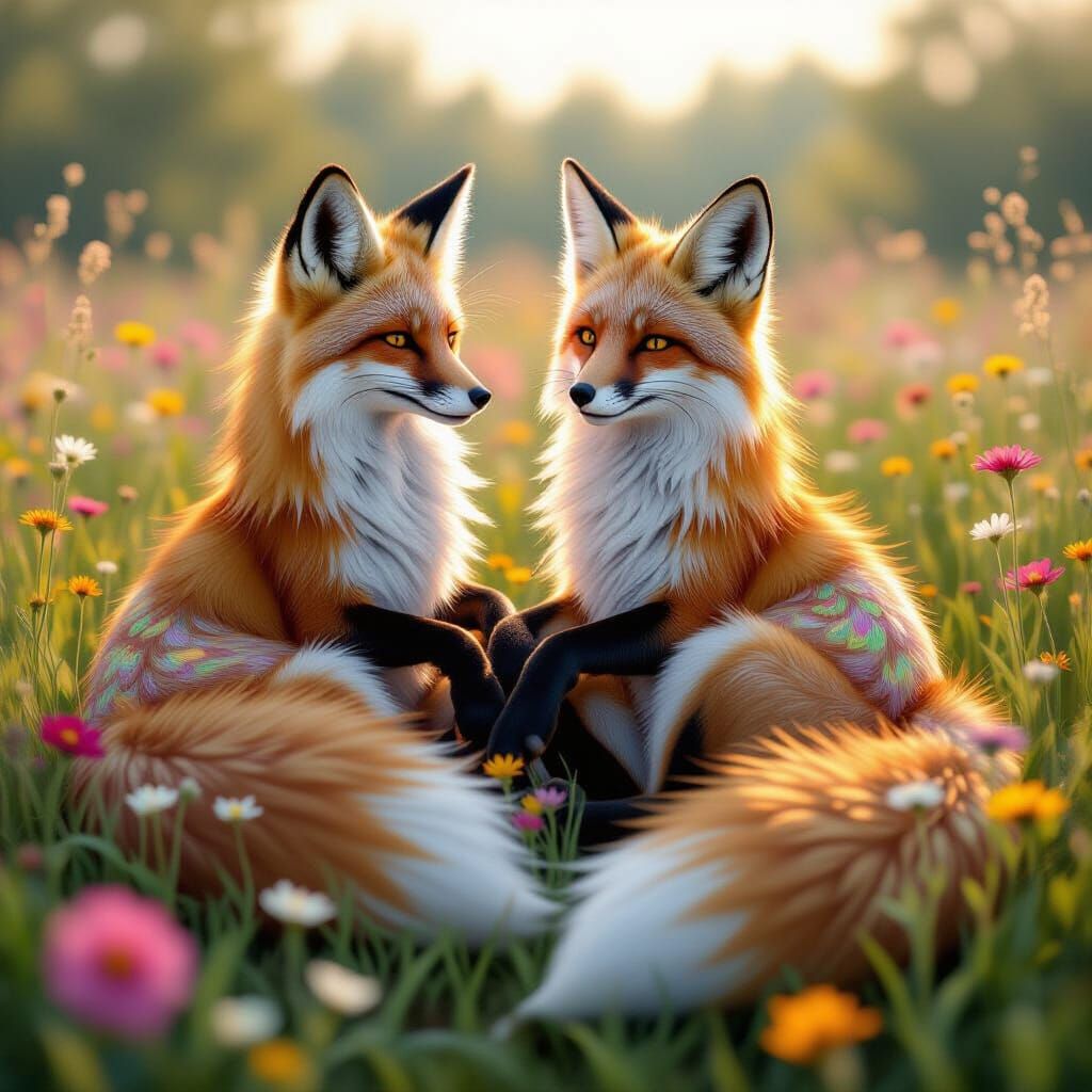 Fox-Human Hybrids in Wildflower Field