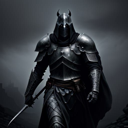 Knight Approaching Dark Castle in Atmospheric Digital Painti...