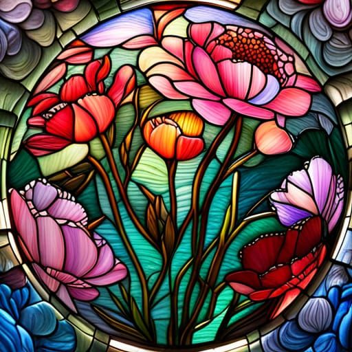 Stained Glass Sphere with Peonies