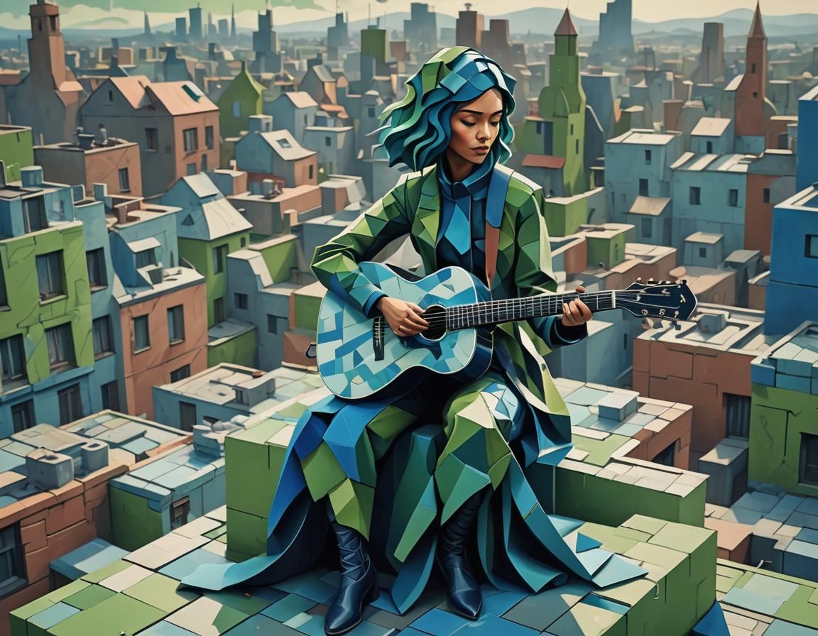 Cubist Guitarist on a Rooftop in Blue and Green