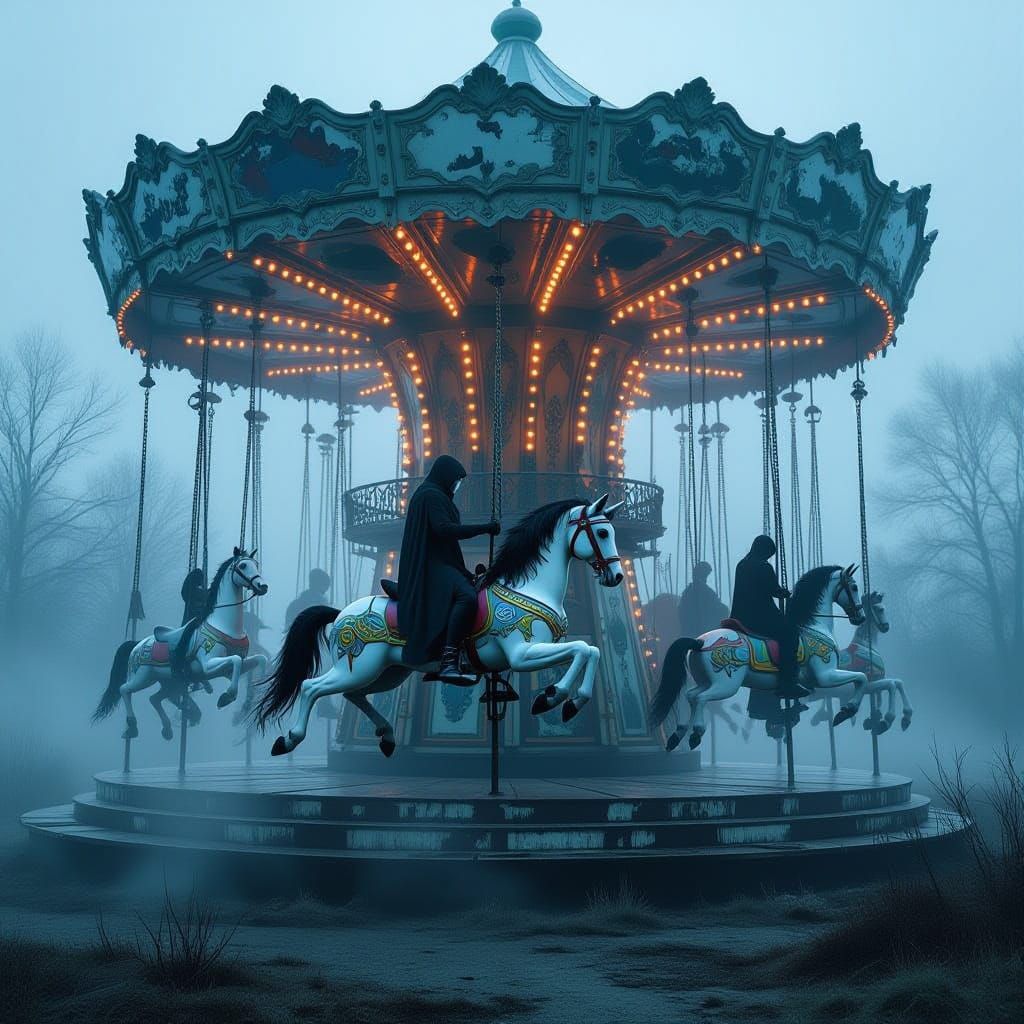 Spectral Rider on Ghostly Carousel in Abandoned Park