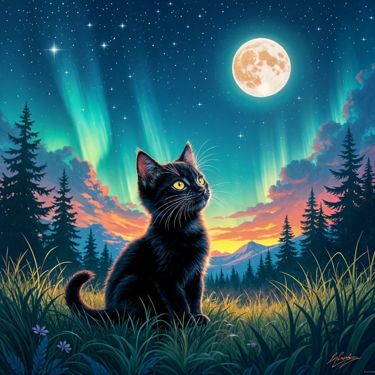 Black Kitten Gazing at Northern Lights in Graffiti Art