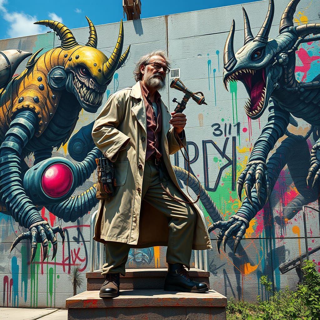 Mad Scientist Creates Robotic Monsters Amidst Vibrant Graffi...
